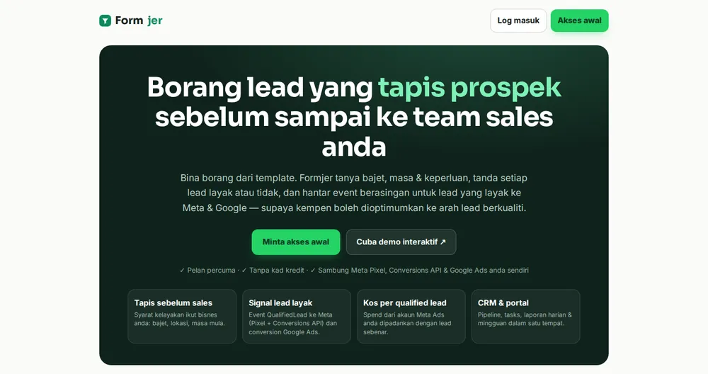 Screenshot of the Formjer homepage: lead forms that qualify prospects before sales